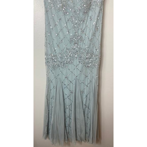 ADRIANNA PAPELL DRESS 10 GOWN SEQUIN BEADED LATTICE BLUE GRAY SLEEVELESS GODETS - Picture 8 of 16